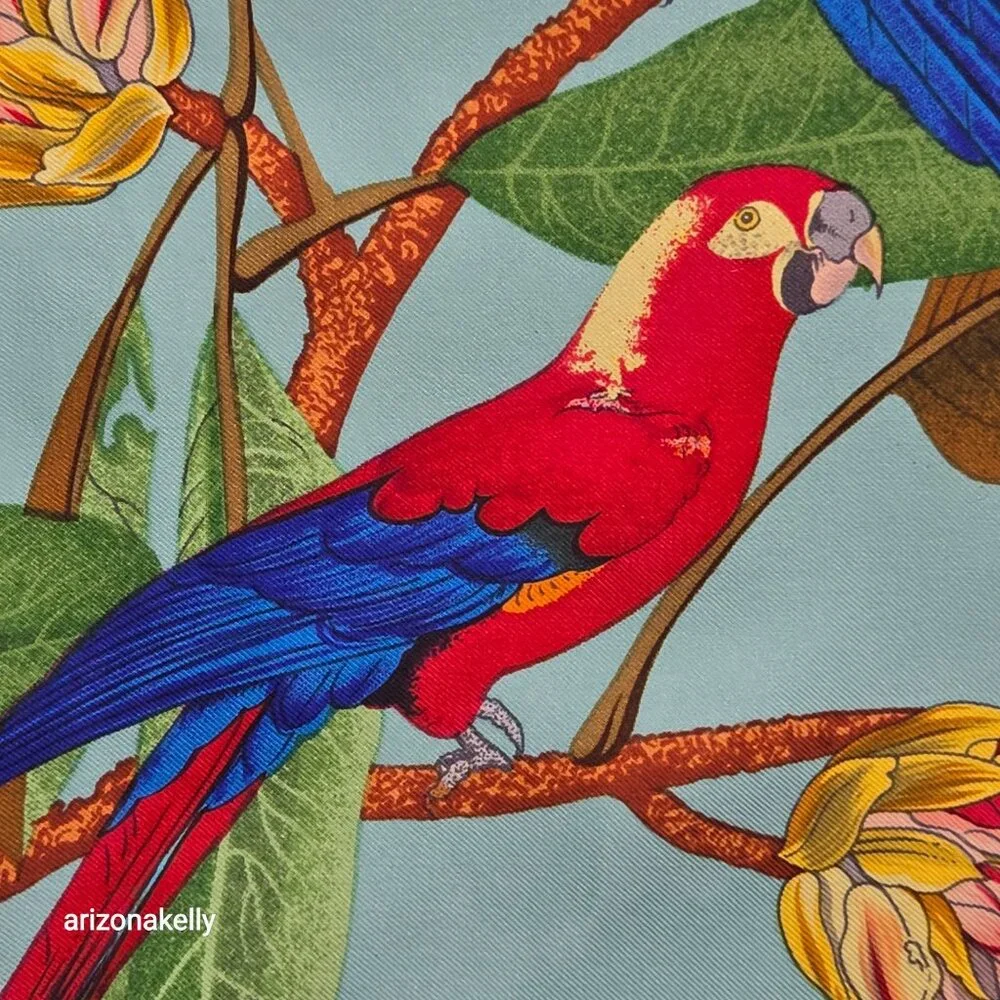 Vintage Silk Scarf Parrots Bird Hand Rolled Edges